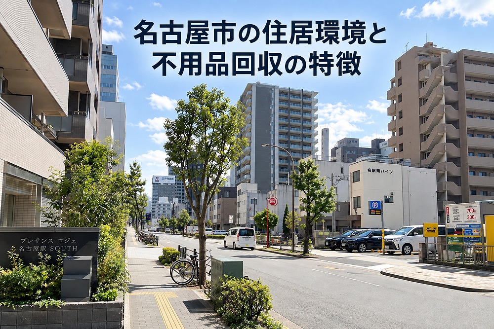 名古屋市のマンションや住宅が立ち並ぶ街並み。「名古屋市の住居環境と不用品回収の特徴」と書かれたイメージ画像